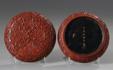 A CHINESE RED-LACQUERED 'PEONIES' BOX AND COVER, CHINA