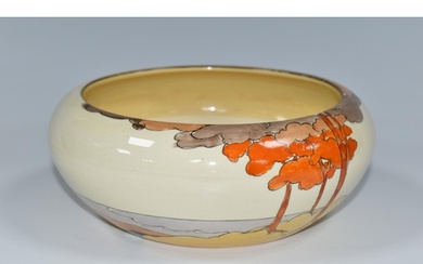 A CLARICE CLIFF CORAL FIRS PATTERN BOWL, painted with a styl...