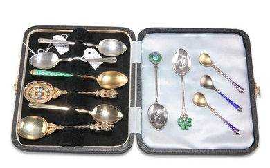 A COLLECTION OF SILVER AND ENAMEL SPOONS, including a