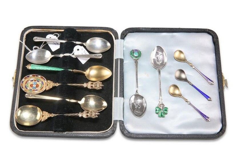 A COLLECTION OF SILVER AND ENAMEL SPOONS, including a