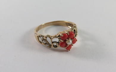 A CORAL AND PEARL DRESS RING