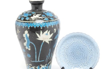 A Chinese Blue Glaze Dish and a Fahua Meiping Vase