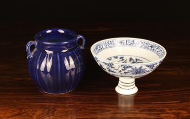 A Chinese Blue & White Stem Cup decorated with two fenghuang amongst scrolling cloud forms to the in