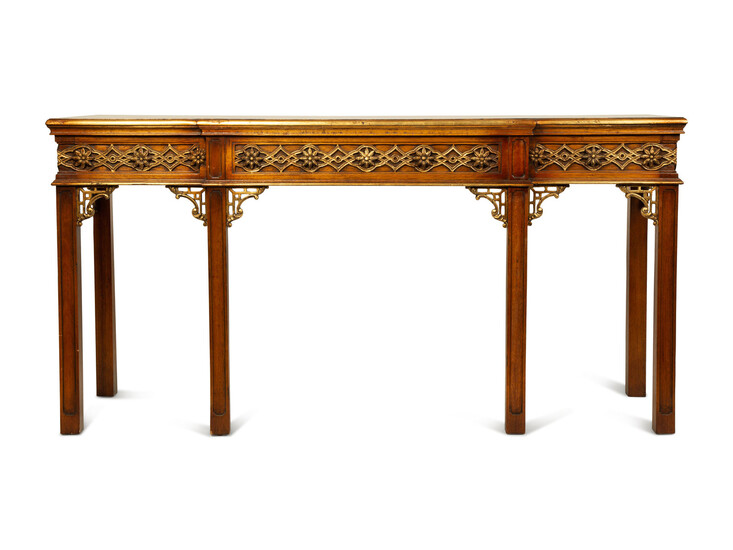 A Chinese Chippendale Style Parcel Gilt Walnut Console Table