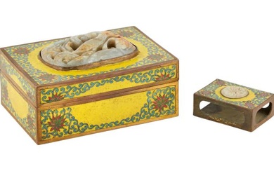 A Chinese Jade-Inset Cloisonne Enamel Box and Match Safe Width of larger 5 1/4 "