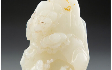 A Chinese White Jade Carving of Shoulao and Deer in Mountain