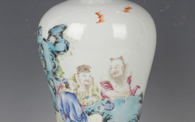 A Chinese famille rose porcelain meiping, late Qing dynasty, the baluster body painted with three im