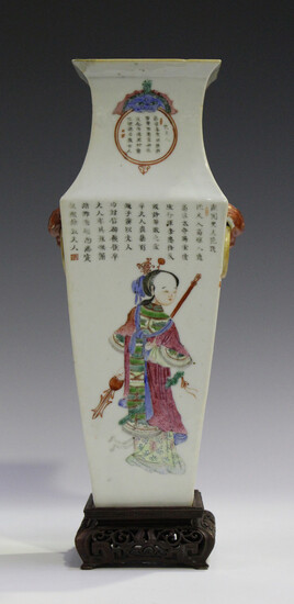 A Chinese famille rose porcelain vase, mid-19th century, of square baluster form, each side painted