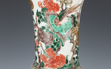 A Chinese famille verte archaistic gu-form porcelain vase, Kangxi period, the panelled square mid-se