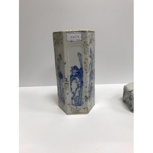 A Chinese hexagonal vase set with panels with blue floral de...