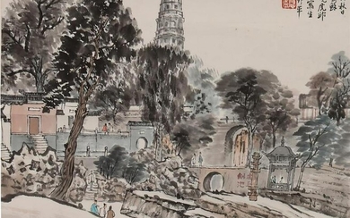 A Chinese watercolor scroll of a city scene