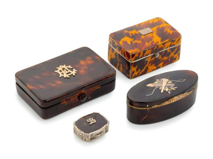 A Collection of Four Tortoise Shell Veneered Snuff Boxes