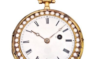 A Continental gold pocket watch with split pearls and enamel