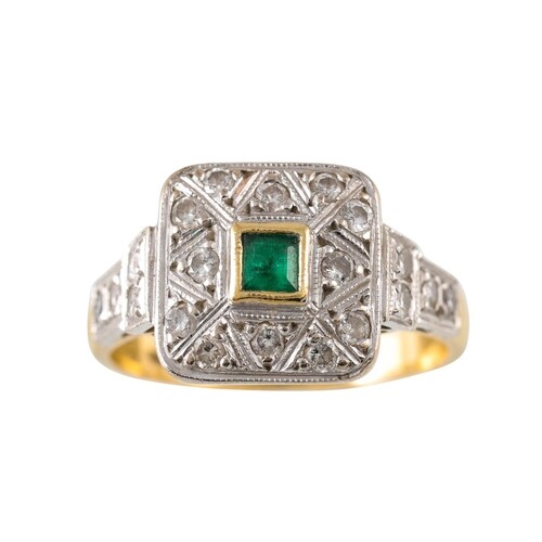 A DIAMOND AND EMERALD CLUSTER RING, the square emerald to di...
