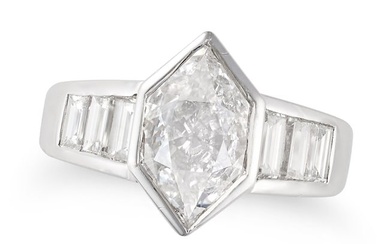 A DIAMOND DRESS RING set with a hexagonal step cut diamond of approximately 1.75 carats, the shou...
