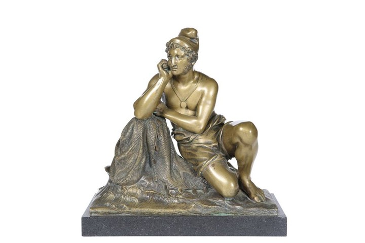 A FRENCH BRONZE OF A FISHERMAN, on a marble plinth…