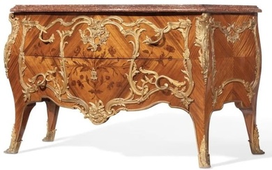 A FRENCH ORMOLU-MOUNTED KINGWOOD AND TULIPWOOD MARQUETRY COMMODE