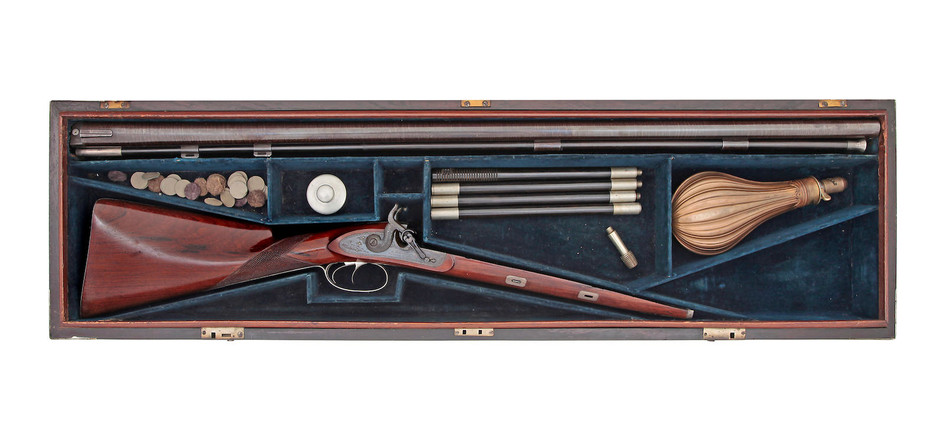 A Fine And Rare Cased 8-Bore Tube-Lock Silver-Mounted D.B. Wildfowling Gun, By R. Marjoram, Wickham Market, Birmingham Silver Hallmarks For 1845, Maker's Mark Of Edward Parsons