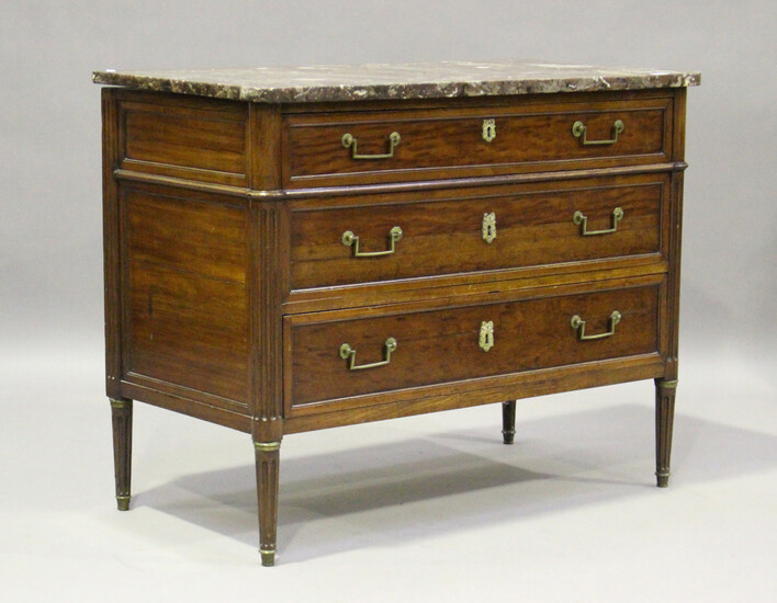 A French Louis XVI mahogany three-drawer commode with rouge marble top and brass handles, height 87c