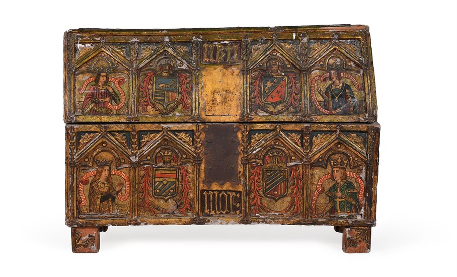 A French gilded and painted casket of 'châsse' form in the medieval style
