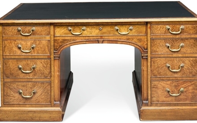 A GEORGE II STYLE WALNUT AND CROSSBANDED TWIN-PEDESTAL PARTNER'S DESK, 20TH CENTURY
