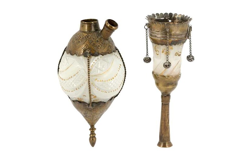 A GILT DIAMOND-CUT OPALINE GLASS QALYAN BOTTLE AND CUP Iran, late 19th - early 20th century