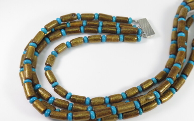 A GOLD CORAL AND TURQUOISE FOUR-ROW NECKLACE