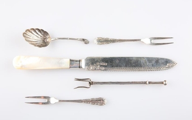 A GROUP OF SILVER, including a mother-of-pearl handled