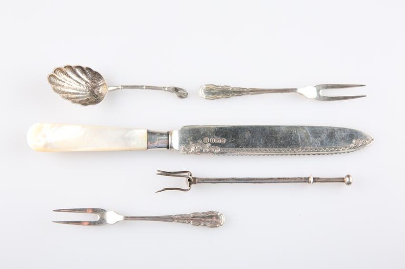 A GROUP OF SILVER, including a mother-of-pearl handled