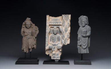 A Gandhara grey schist sculpture of the Bodhisattva Maitreya, a fragment of a seated Buddha and a