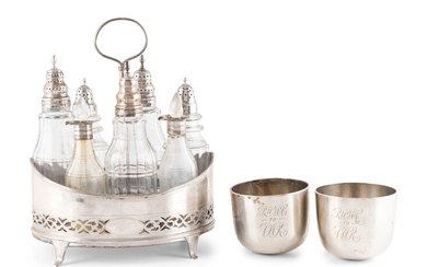 A George III Silver Cruet Set and Pair of Wine Cups