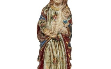 A Goanese polychrome ivory figure of the Virgin and Child, late 17th century, the Child depicted cradled in both hands and holding a sphere, standing on a crescent moon, with integral oval base, 22cm high Provenance: Christie's, London, 14 December...