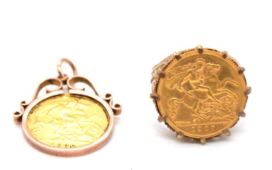 A Gold Half Sovereign Coin ring and pendant.