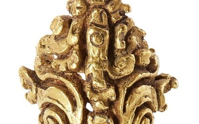A Gupta gold hair ornament of Kirtimukha, India, 5th-8th century, in the form of a male mask with deep set eyes and exaggerated brows wearing a pointed crown heavily cast and carved in deep relief, weight 9.4 grams The exact function of these...