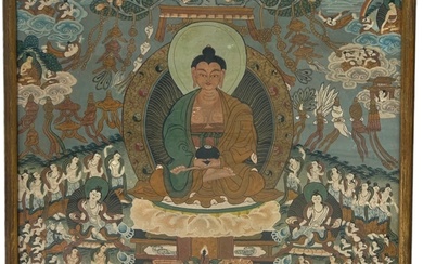 A HIMALAYAN WATERCOLOUR PAINTING ON PAPER THANGKA OF A...