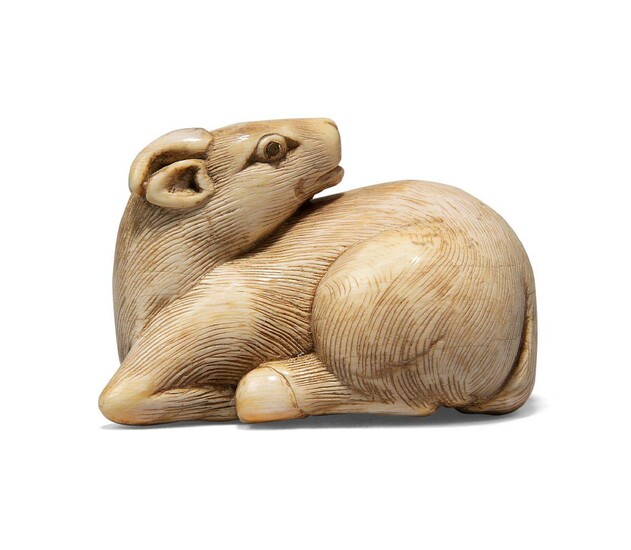 A Japanese ivory netsuke, 19th century, carved as a recumbent ram, with inlaid eyes, overall 4.5cm
