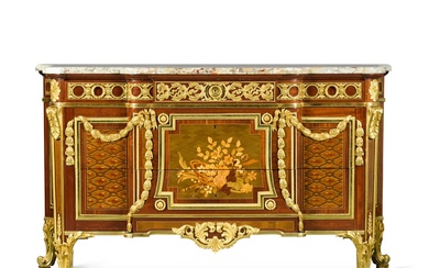 A Louis XVI style gilt-bronze-mounted mahogany, amaranth and marquetry commode,...