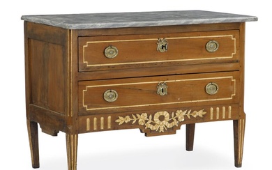 A Louis XVI walnut and giltwood chest of drawers with grey marble...