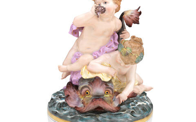 A Meissen figure group of putti and a dolphin
