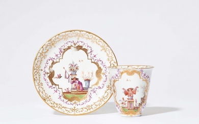 A Meissen porcelain beaker and saucer with an early Hoeroldt Chinoiserie