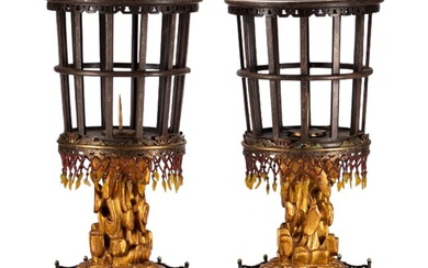 A PAIR IMPERIAL SILVER INLAID BRONZE LAMP HOLDERS