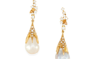 A PAIR OF 18K GOLD, CULTURED PEARL AND DIAMOND EARRINGS...