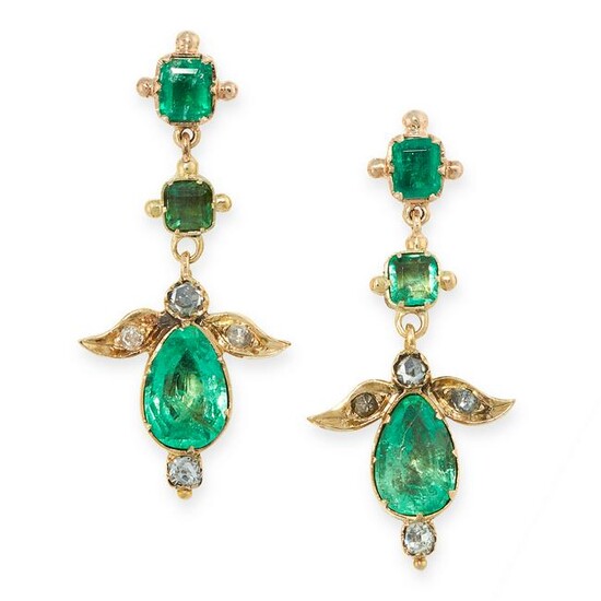 A PAIR OF ANTIQUE EMERALD AND DIAMOND EARRINGS in