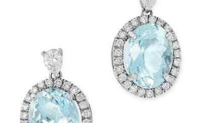 A PAIR OF AQUAMARINE AND DIAMOND EARRINGS in white