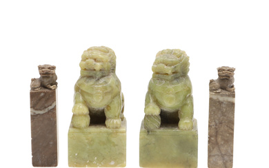 A PAIR OF CHINESE CARVED SOAPSTONE CHOP SEALS AND ANOTHER PAIR SMALLER.