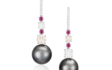 A PAIR OF CULTURED PEARL, DIAMOND AND RUBY PENDENT EARRINGS,...