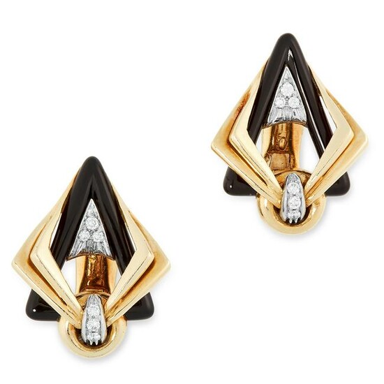 A PAIR OF DIAMOND AND ONYX EARRINGS in 18ct yellow