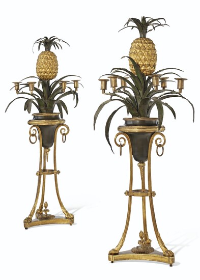 A PAIR OF DIRECTOIRE ORMOLU, PATINATED-BRONZE AND TOLE-PEINTE SIX-LIGHT CANDELABRA, CIRCA 1795