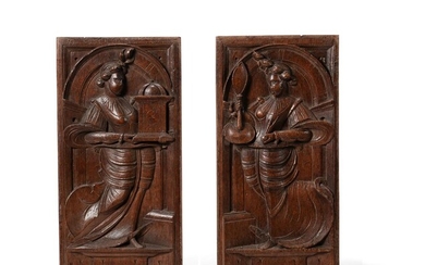 A PAIR OF FLEMISH SCULPTED OAK ALLEGORICAL PANELS, 17TH CENTURY