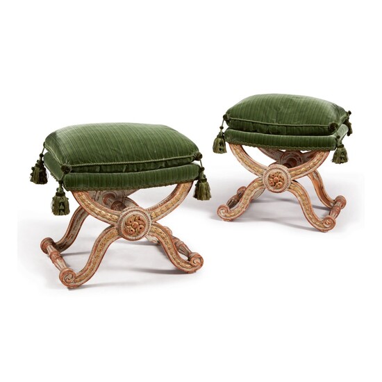 A PAIR OF LOUIS XVI STYLE GRAY-PAINTED AND PARCEL-GILT TABOURETS